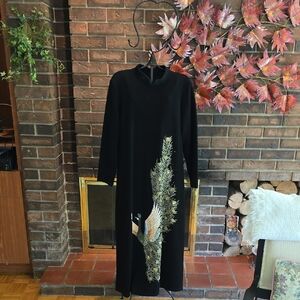 Bonita - Vintage Black Dress with Fanciful Peacock Print​